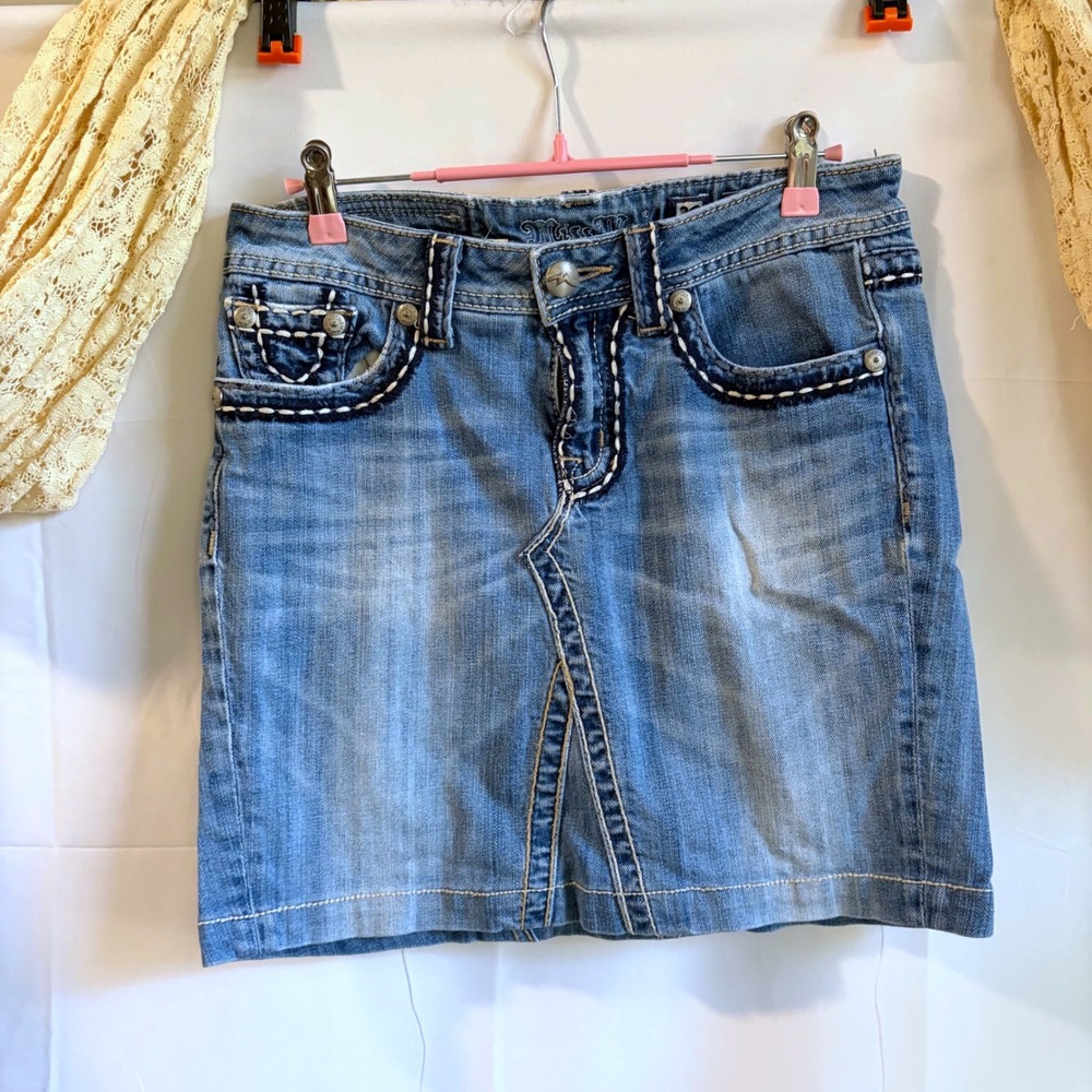 Y2K Mcbling Miss Me Denim Mini Skirt Medium Wash Contrast Stitch Size 29